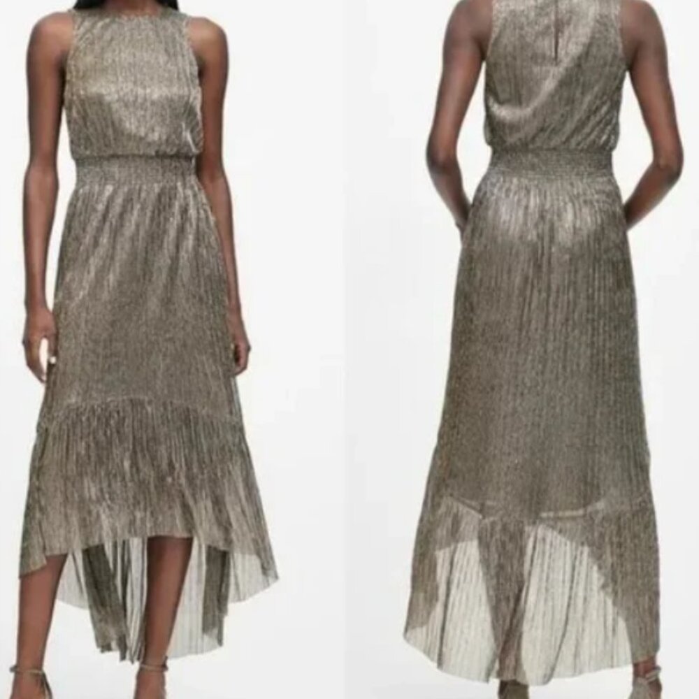 NWT Banana Republic Golden Metallic Maxi Dress High-Low Hem Crew Neck